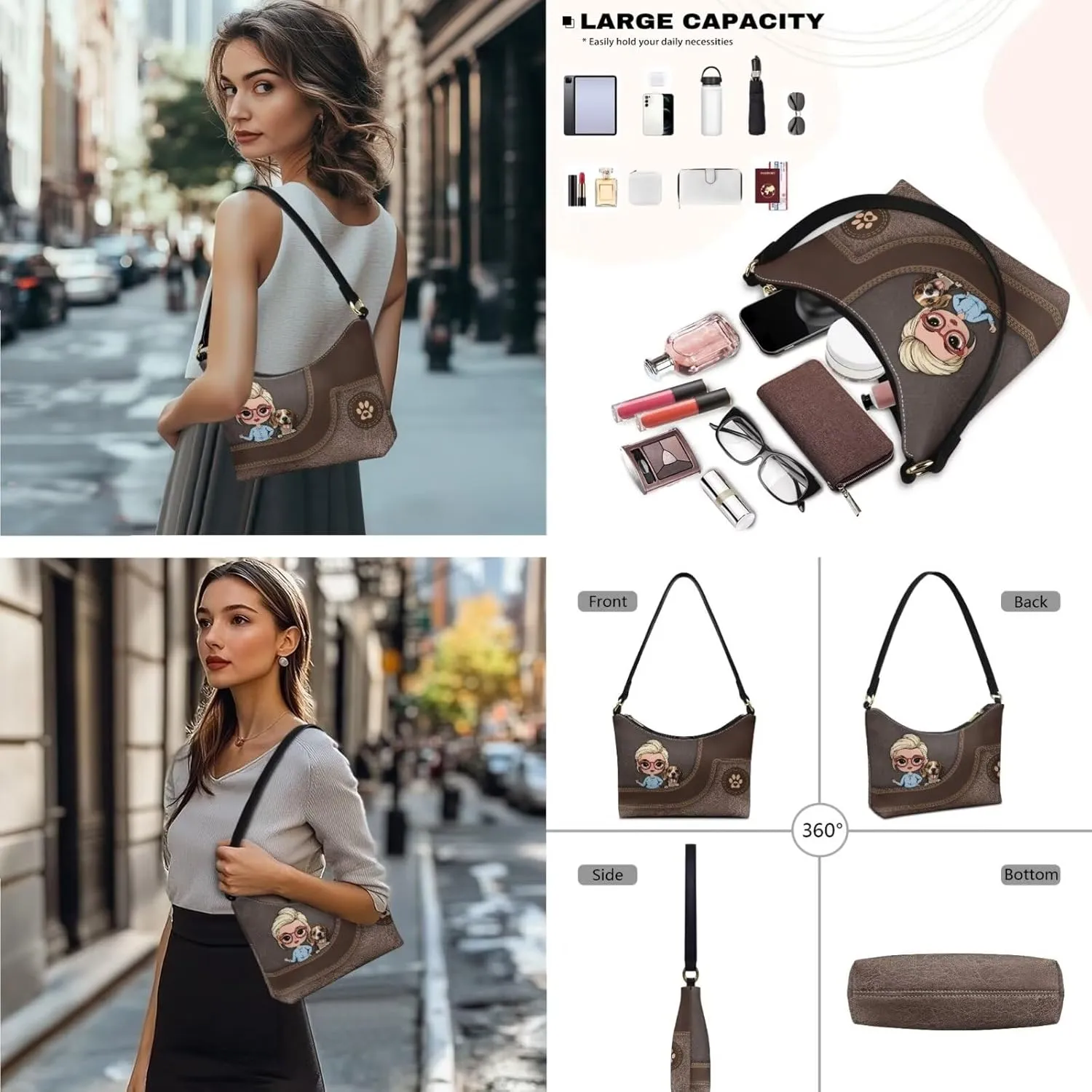 Womens Underarm Shoulder Bag with Wallet Set Brown Under Arm Purses Crescent Top Handle Purse for Date Shopping