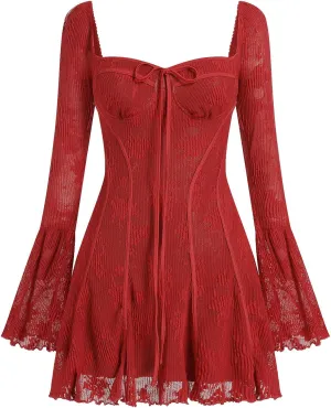 Women's Vintage Long Bell Sleeve Solid Floral Low Cut Lace Ruffle Y2K Mini Dress Corset Cocktail Party Dresses