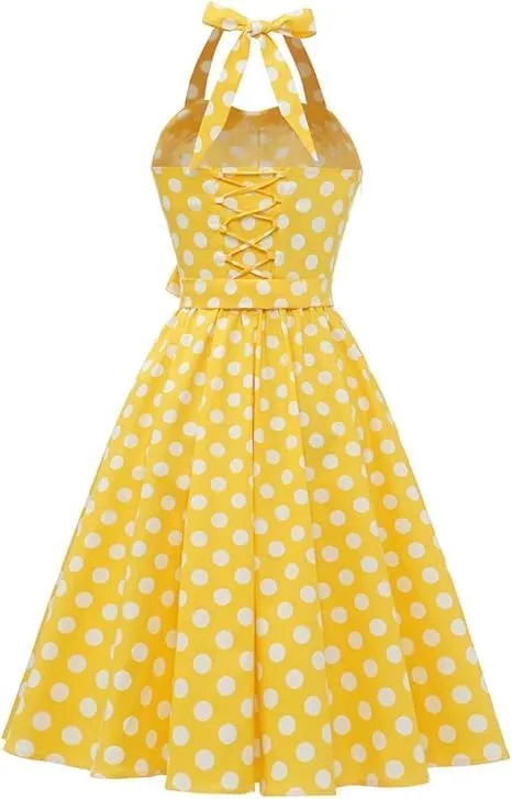 Women's Vintage Polka Dot Halter Dress 1950s Retro Audrey Hepburn Style Dress Summer Swing Prom Cocktail Outfit