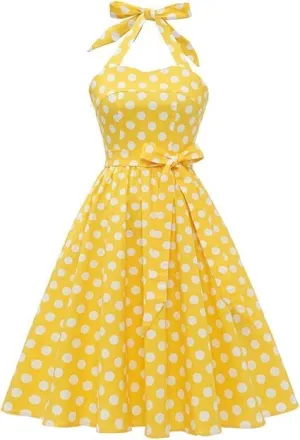 Women's Vintage Polka Dot Halter Dress 1950s Retro Audrey Hepburn Style Dress Summer Swing Prom Cocktail Outfit