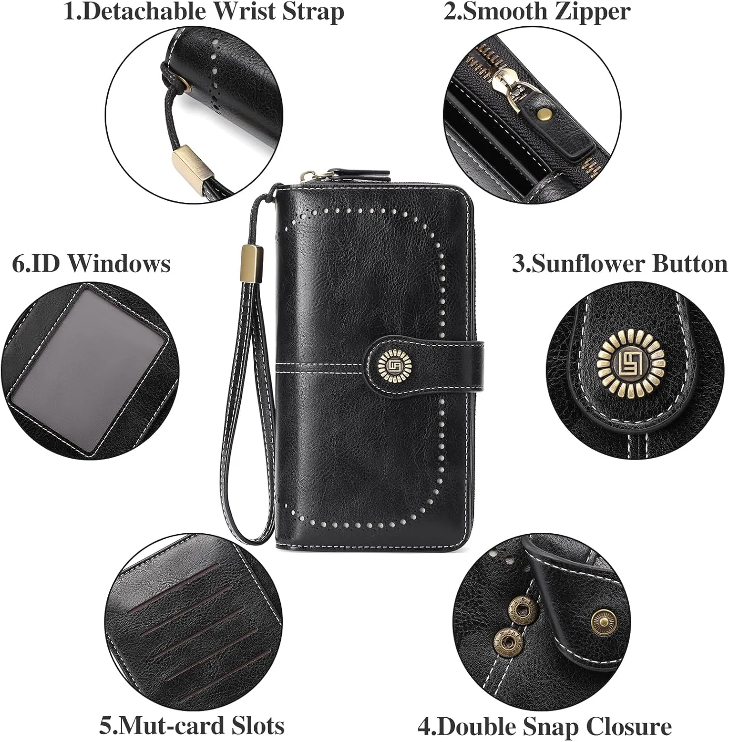Women's Wallet Large Capacity Leather RFID Blocking Trifold Ladies Cluth Wristlet Wrist strap Long Purse Credit Card Holder