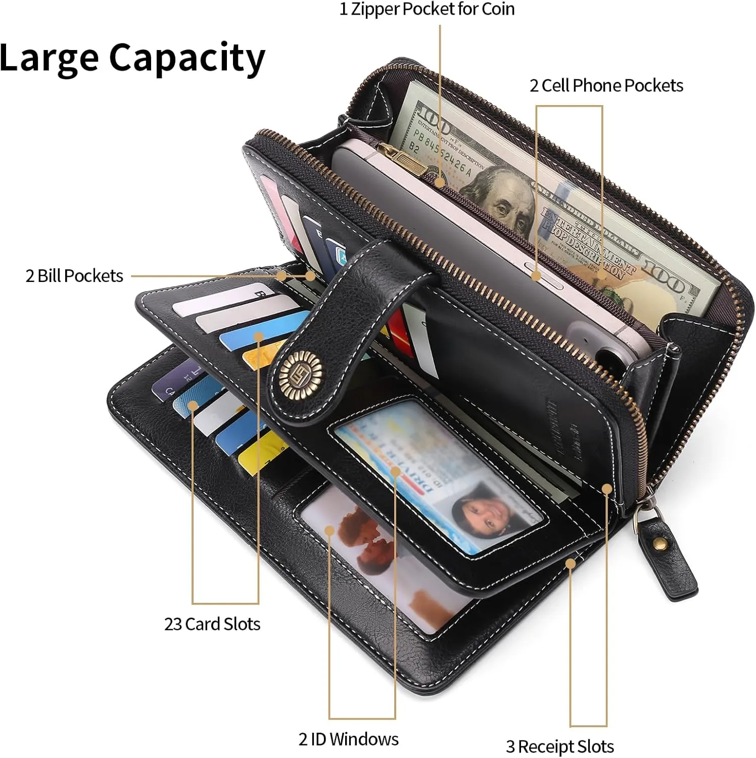 Women's Wallet Large Capacity Leather RFID Blocking Trifold Ladies Cluth Wristlet Wrist strap Long Purse Credit Card Holder