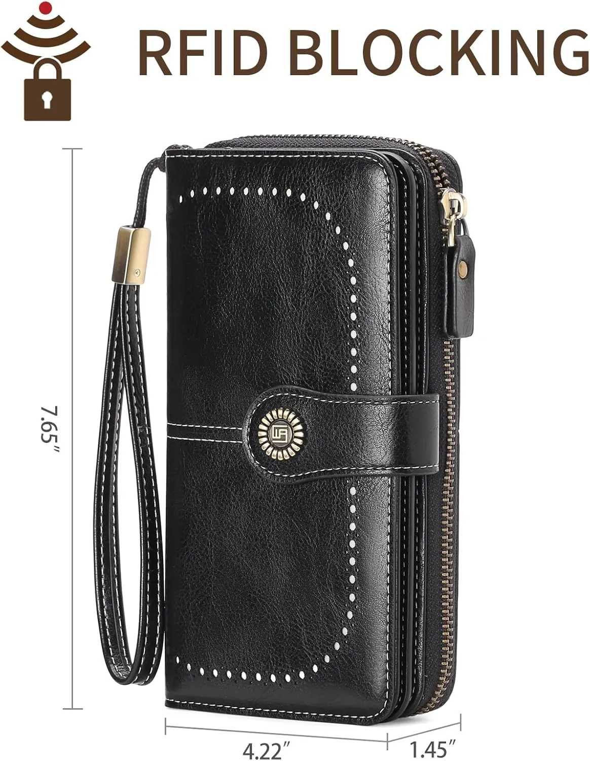 Women's Wallet Large Capacity Leather RFID Blocking Trifold Ladies Cluth Wristlet Wrist strap Long Purse Credit Card Holder