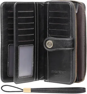 Women's Wallet Large Capacity Leather RFID Blocking Trifold Ladies Cluth Wristlet Wrist strap Long Purse Credit Card Holder