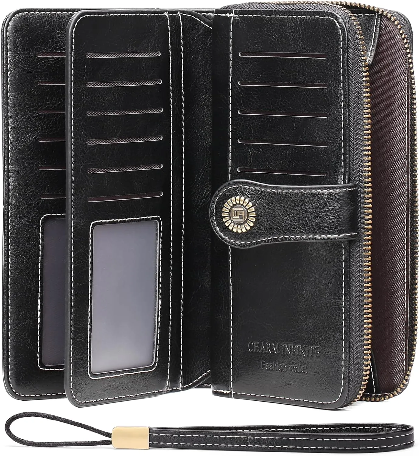 Women's Wallet Large Capacity Leather RFID Blocking Trifold Ladies Cluth Wristlet Wrist strap Long Purse Credit Card Holder