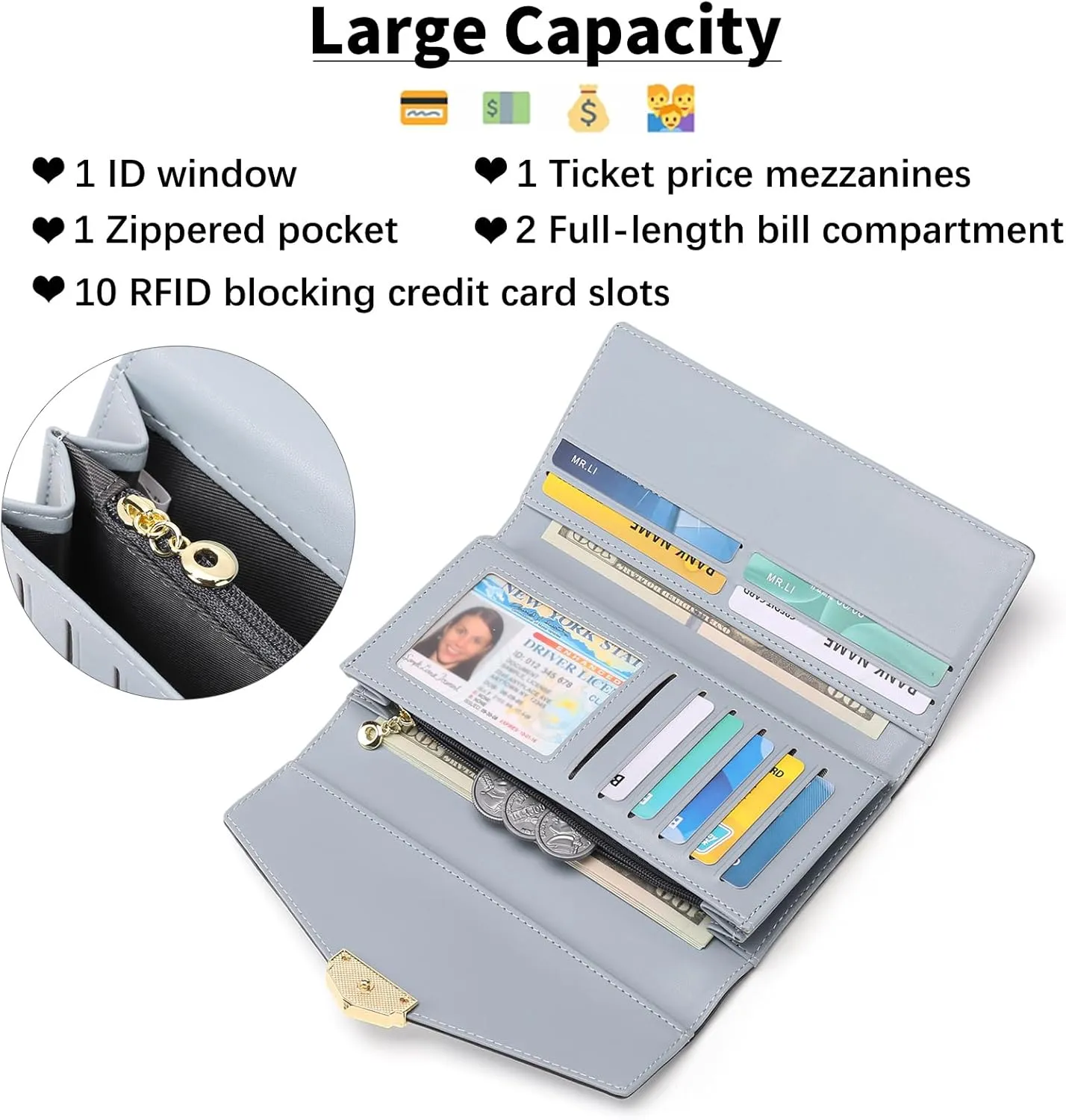 Women's Wallet Leather RFID Blocking Large Capacity Trifold Card Holder Wallets Ladies Long Purse with ID Window