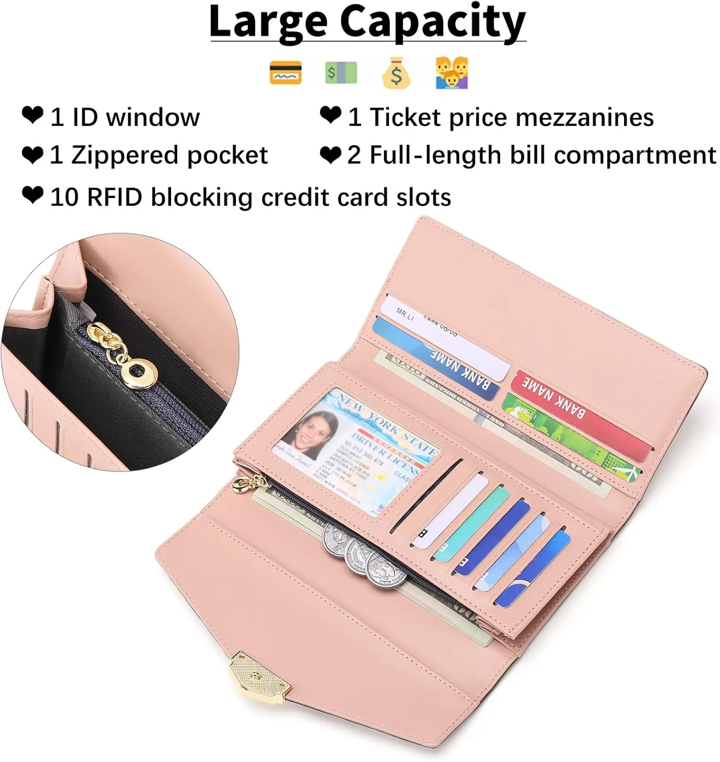 Women's Wallet Leather RFID Blocking Large Capacity Trifold Card Holder Wallets Ladies Long Purse with ID Window