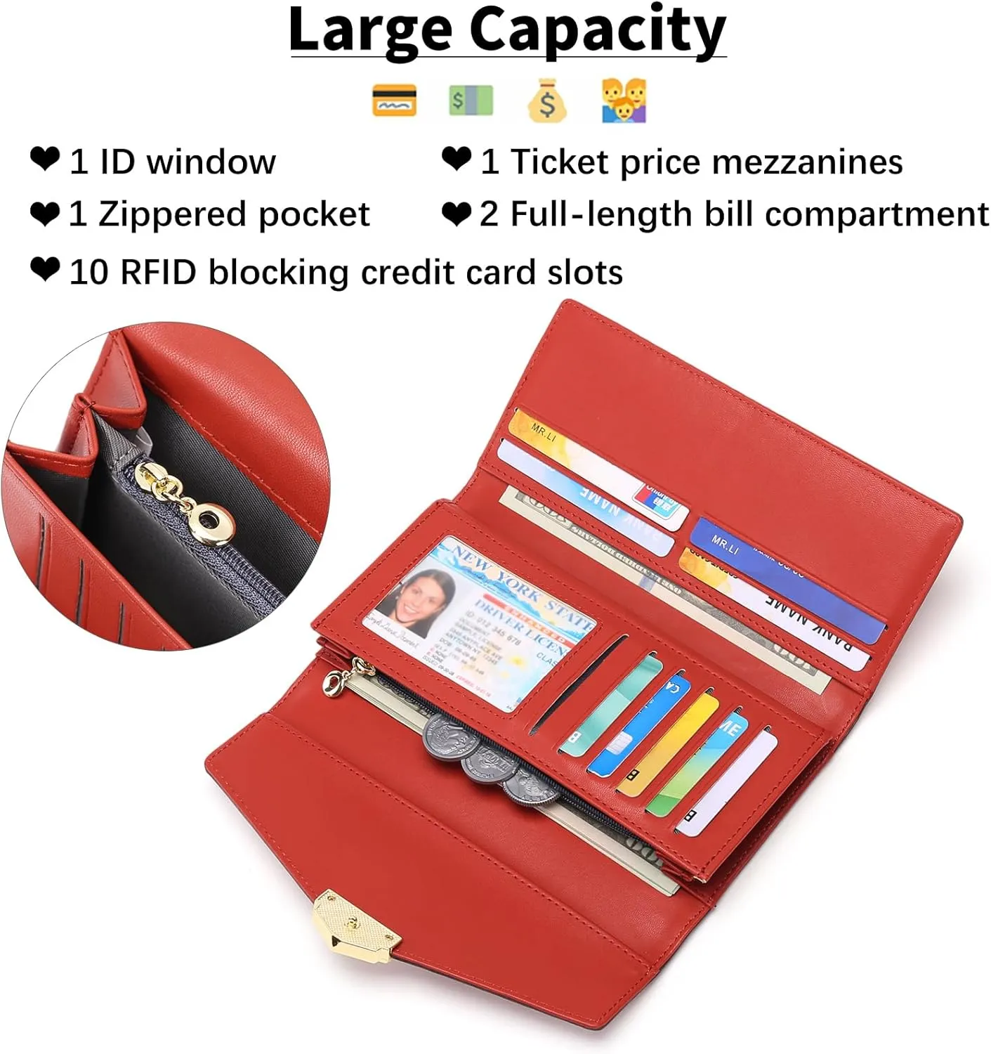 Women's Wallet Leather RFID Blocking Large Capacity Trifold Card Holder Wallets Ladies Long Purse with ID Window