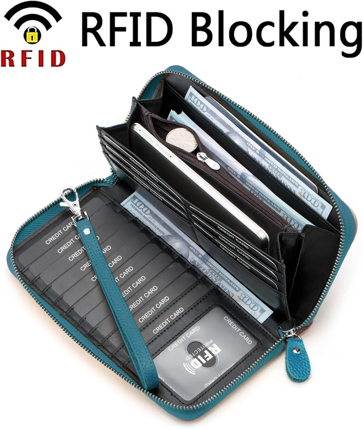 Womens Wallet RFID Blocking Genuine Leather Multi Credit Card Large Capacity Zip Around Clutch Travel Purse Wristlet