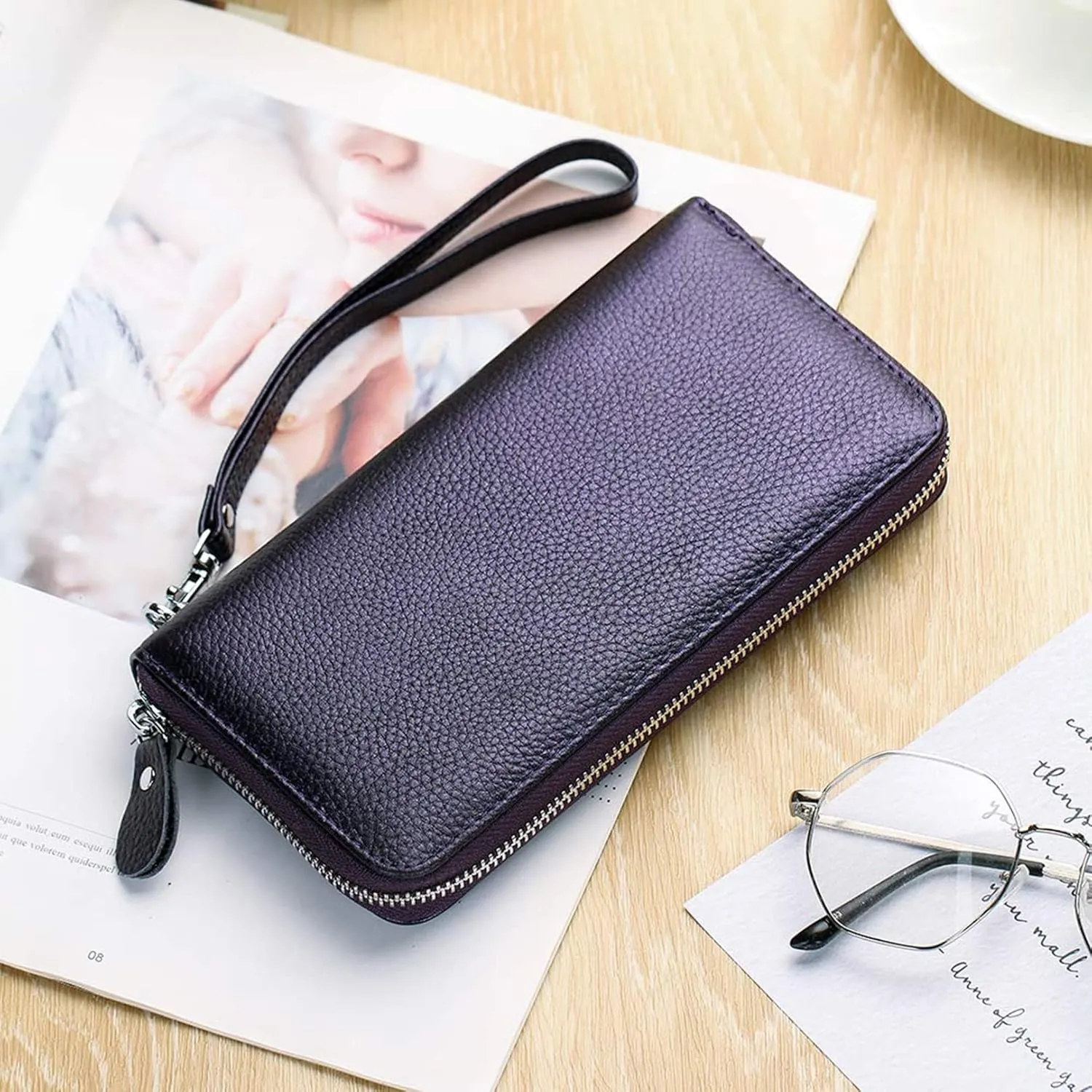 Womens Wallet RFID Blocking Genuine Leather Zip Around Wallet Clutch Wristlet Travel Long Purse for Women
