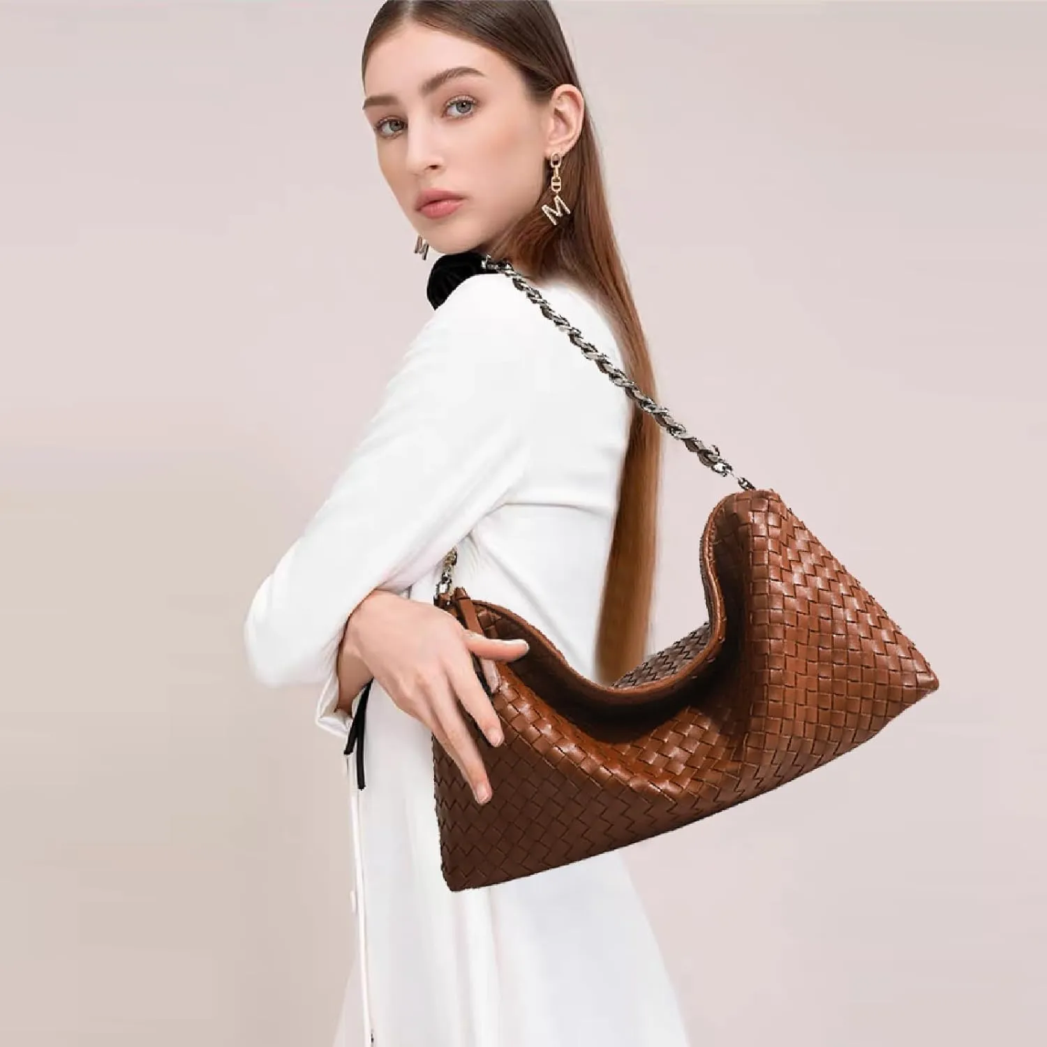 Woven Bag for Women, Fashion Top Handle Shoulder Bag Soft Vegan Leather Shopper Bag