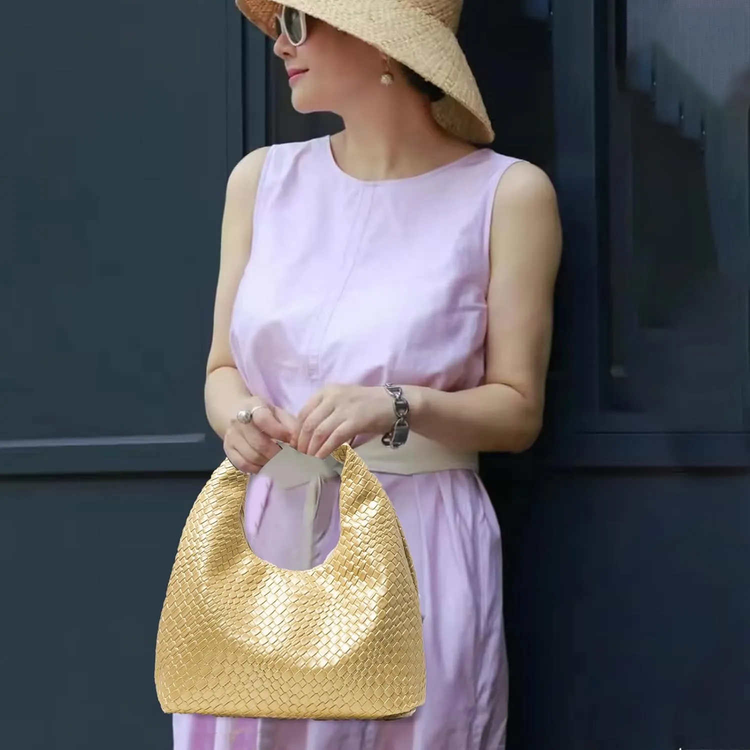 Woven Bag for Women Top Handle Shoulder Bag PU Leather Woven Tote Handbag Purses for Women