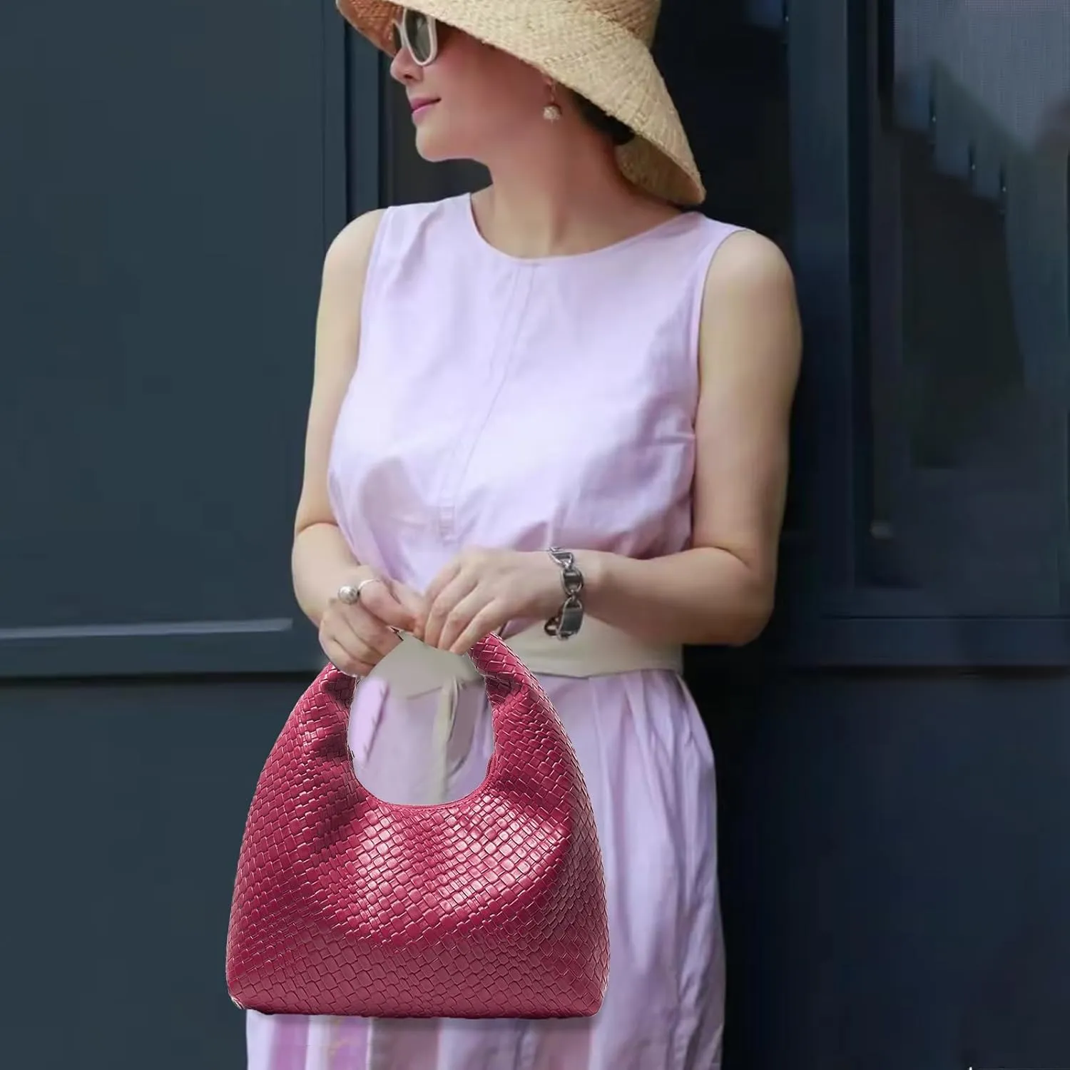 Woven Bag for Women Top Handle Shoulder Bag PU Leather Woven Tote Handbag Purses for Women