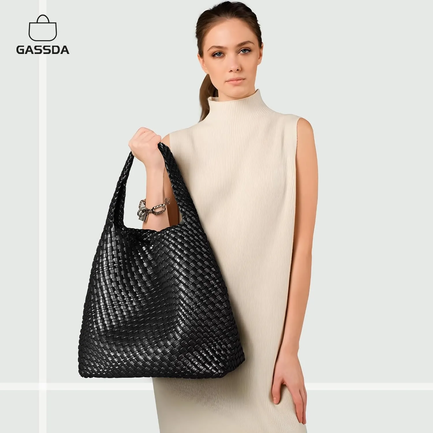 Woven Bag Purses and Handbags Woven Vegan Leather Tote Shoulder Top-Handle Bag With Purses for Women