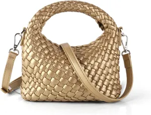 Woven Crossbody Bag Small Tote Cute Purse for Women,Top Handle Handbag Pu Leather Shoulderbag with Detachable Strap
