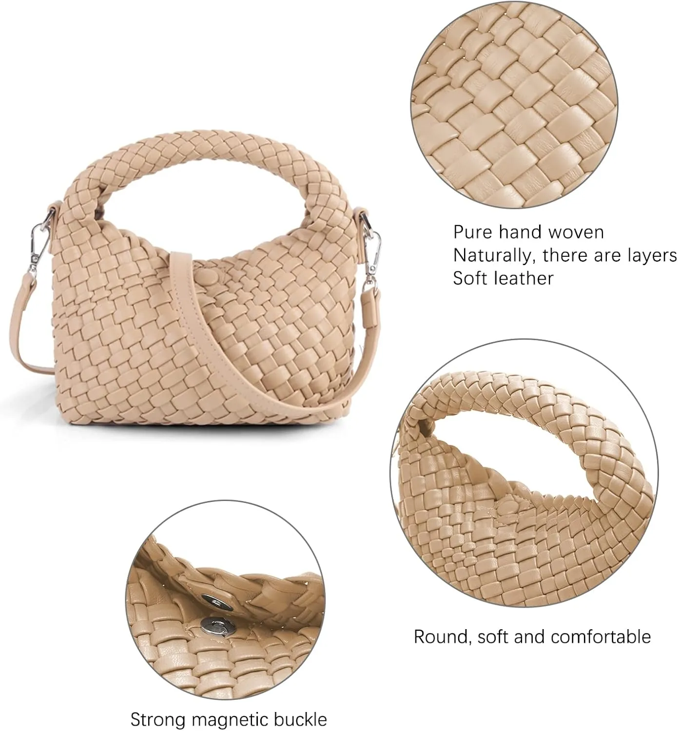 Woven Crossbody Bag Small Tote Cute Purse for Women,Top Handle Handbag Pu Leather Shoulderbag with Detachable Strap
