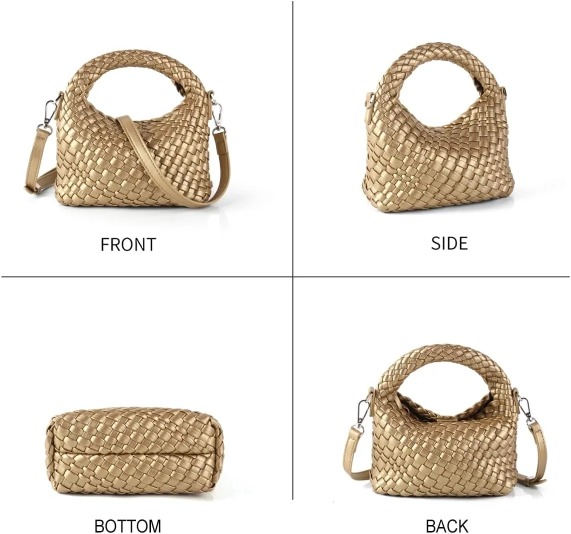 Woven Crossbody Bag Small Tote Cute Purse for Women,Top Handle Handbag Pu Leather Shoulderbag with Detachable Strap
