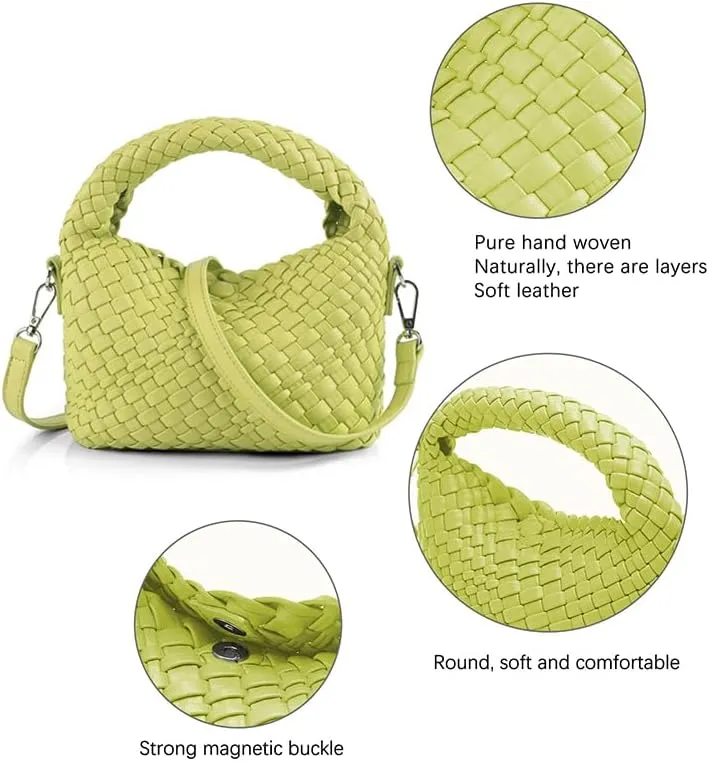 Woven Crossbody Bag Small Tote Cute Purse for Women,Top Handle Handbag Pu Leather Shoulderbag with Detachable Strap