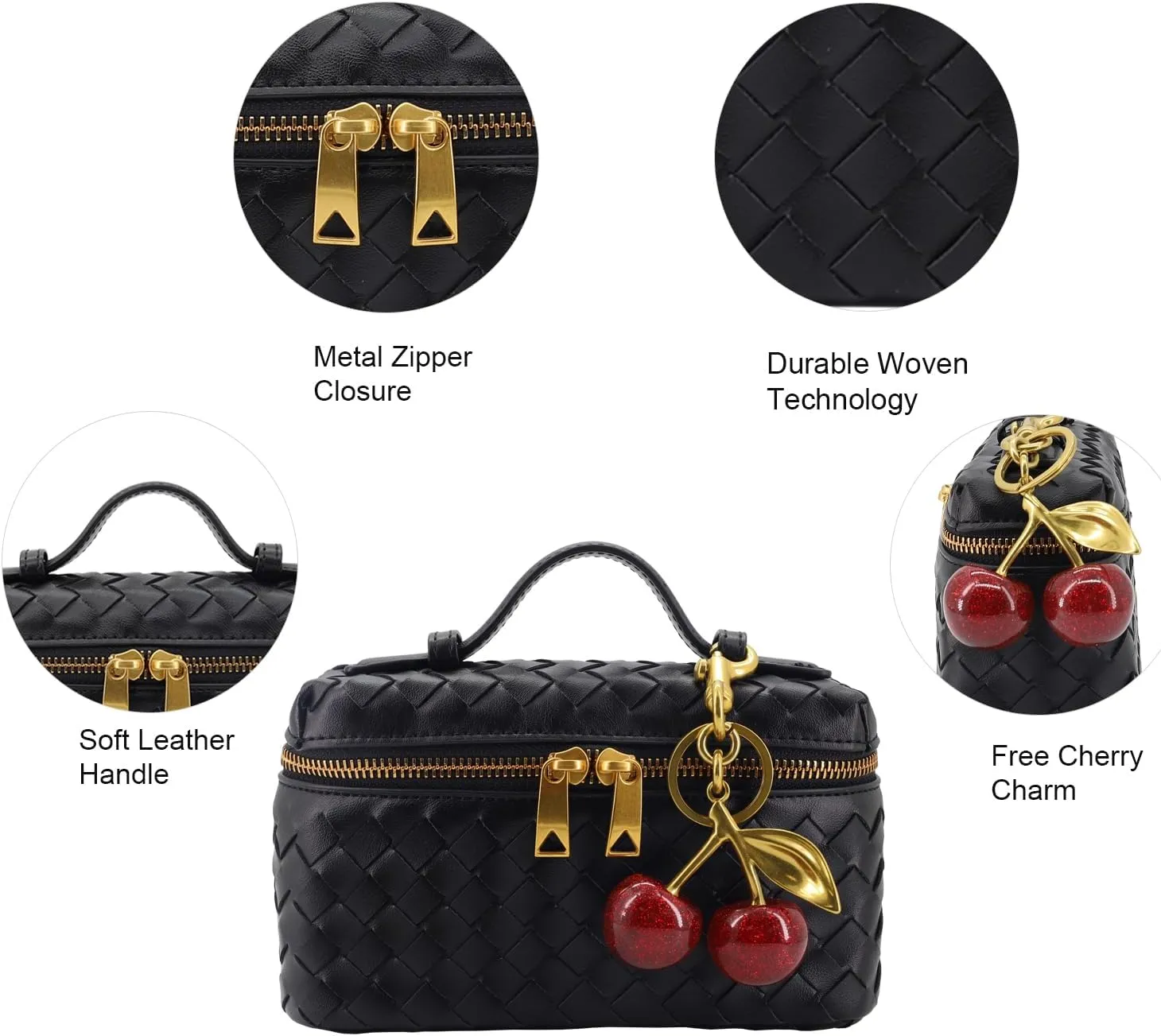 Woven Crossbody Bags for Women Trendy Clutch Purse Bag Small Top Handle Leather Handbag with Cherry Charm