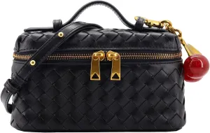 Woven Crossbody Bags for Women Trendy Clutch Purse Bag Small Top Handle Leather Handbag with Cherry Charm