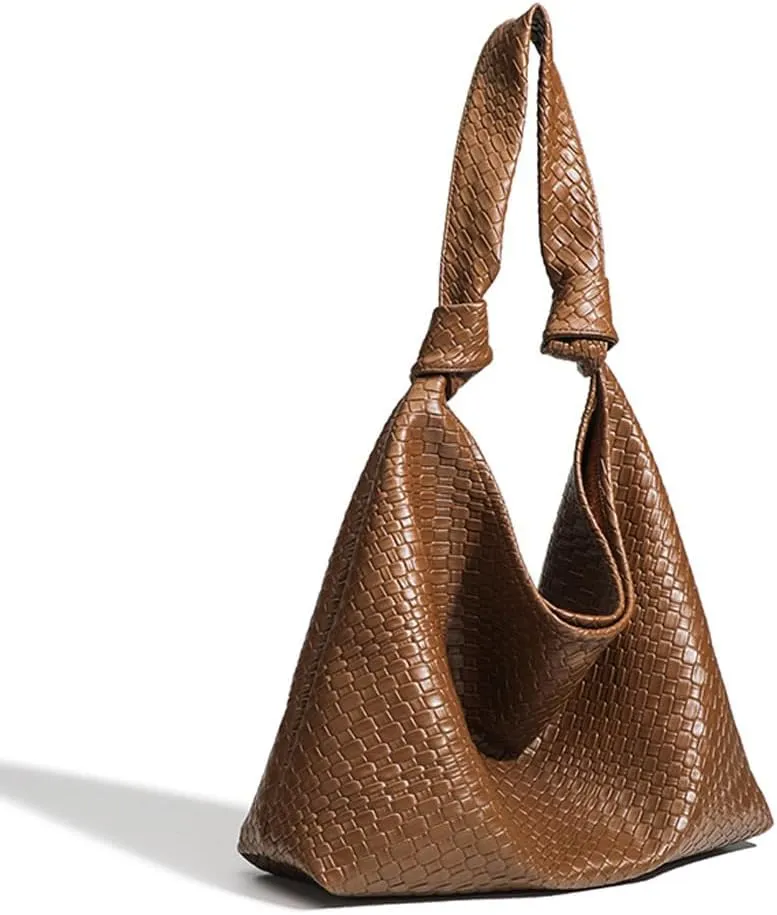 Woven Hobo Bags for Women Soft PU Leather Slouchy Bag Large Capacity Woven Leather Handbag Knotted Handle Slouchy Tote Purses