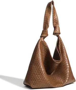 Woven Hobo Bags for Women Soft PU Leather Slouchy Bag Large Capacity Woven Leather Handbag Knotted Handle Slouchy Tote Purses