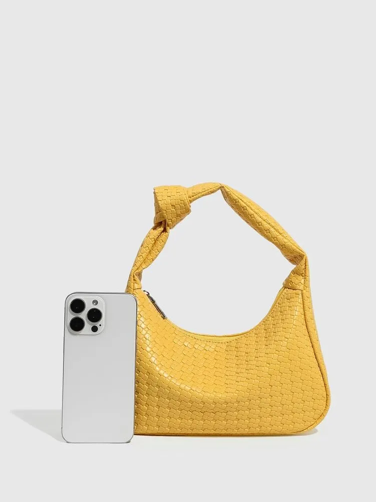 Woven Purses for Women Knotted Top Handle Bag Small Hobo Purse Woven Leather Handbags Trendy Clutch Shoulder Bag with Zipper