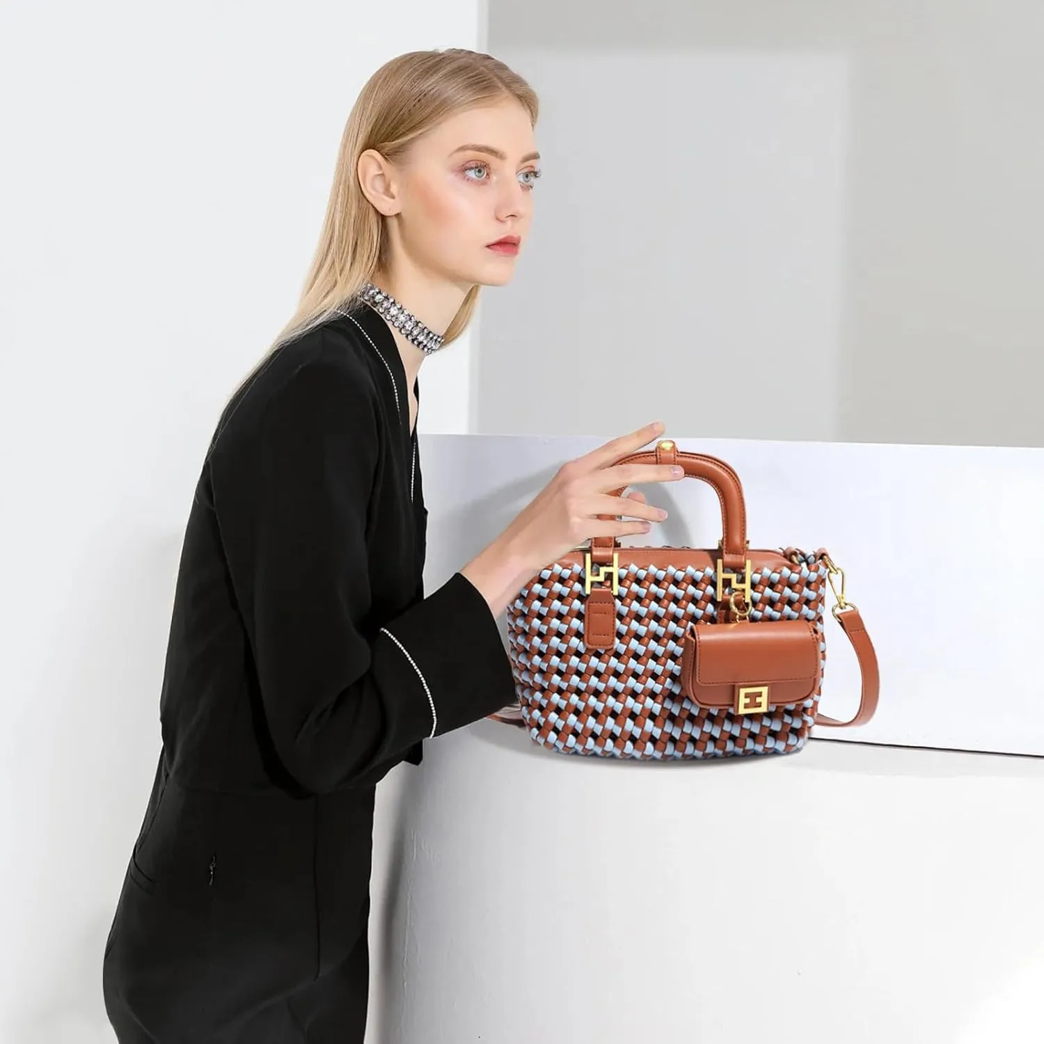 Woven Tote Bag For Women, Fashion Crossbody Shoulder Bag, Casual Top-handle Handbags, and Travel Purses Phone Bag