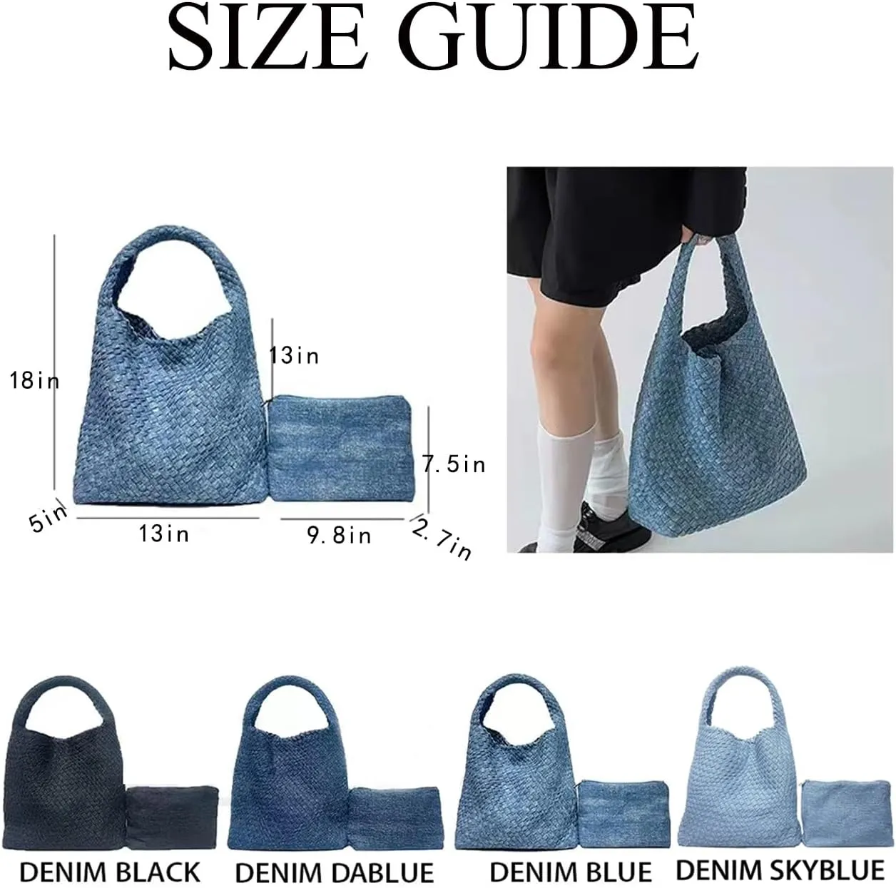 Woven Tote for Women Tie Dye Denim Fashion Shoulder Bag Handwoven Lightweight Commuter Bag armpit bag Magnetic Buckle Closure