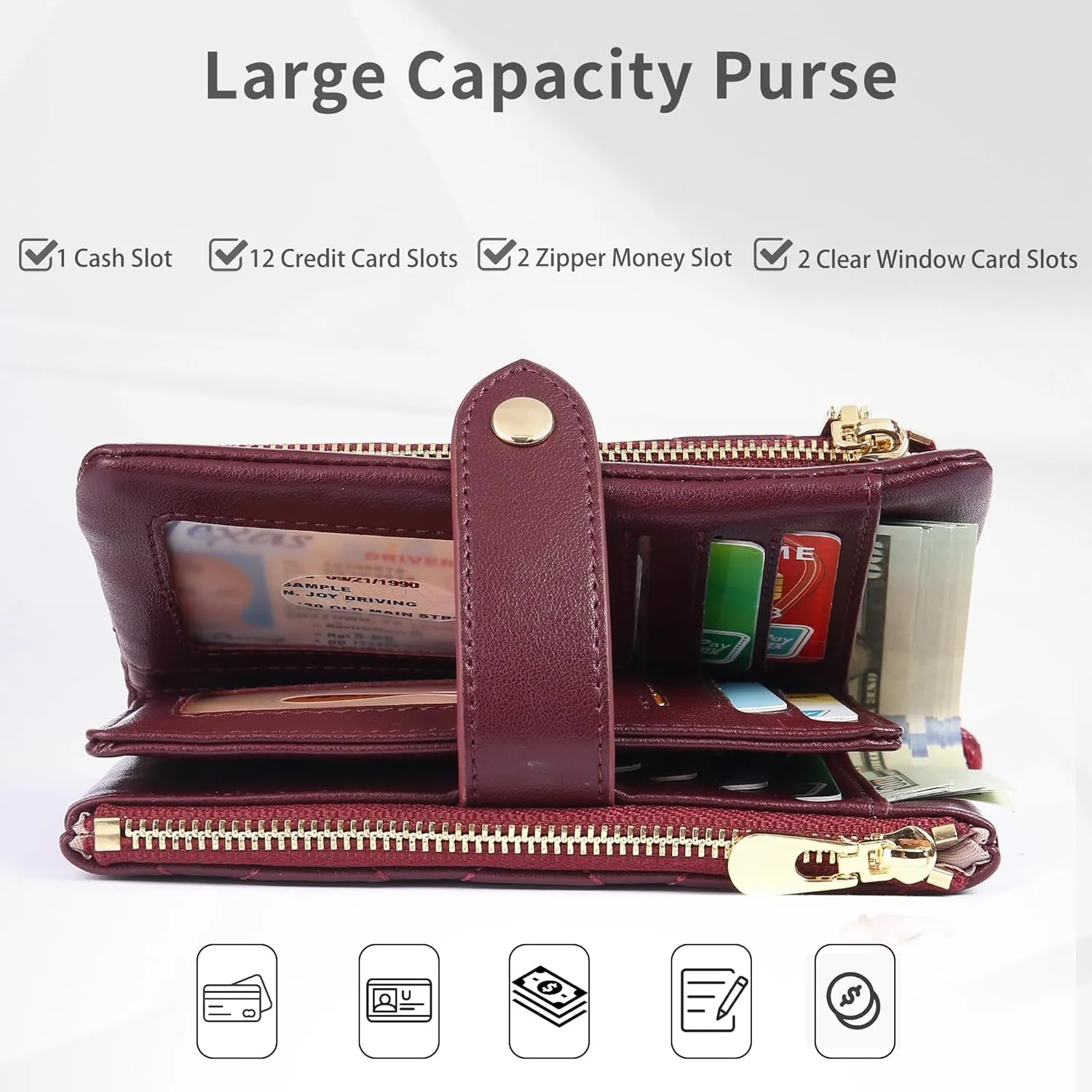 Wristlet Wallets for Women Multi Card Case Leather Trifold Clutch RFID Blocking Credit Card Holder Ladies Purse Double Zipper Pockets