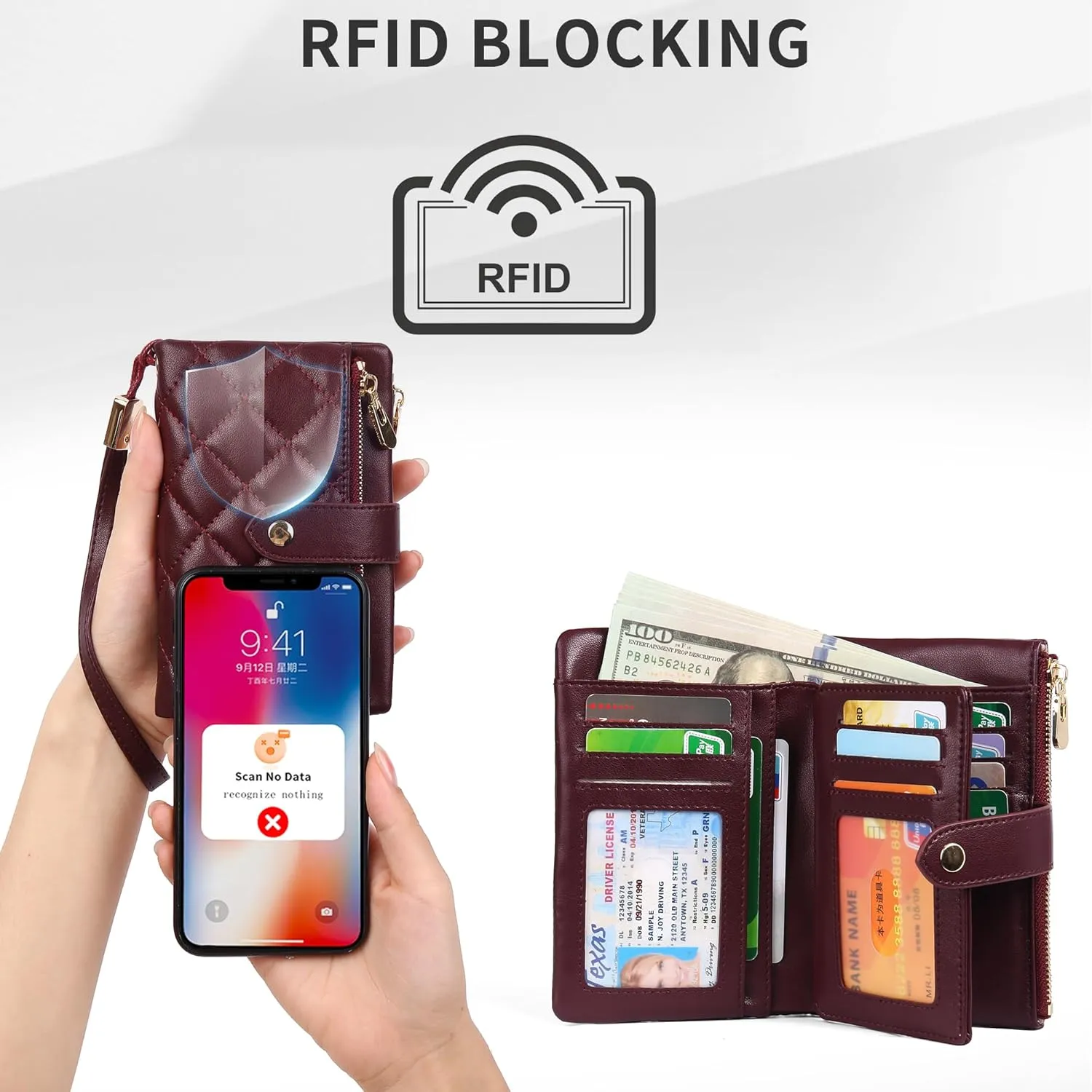 Wristlet Wallets for Women Multi Card Case Leather Trifold Clutch RFID Blocking Credit Card Holder Ladies Purse Double Zipper Pockets