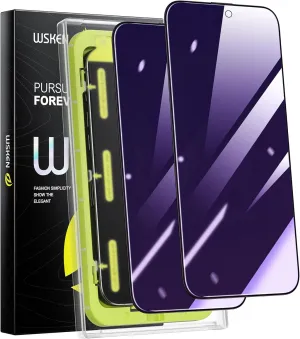 WSKEN for iPhone 15 Pro Privacy Screen Protector, [Auto-Dust Removal] 28 Degree Anti Spy Anti-Blue Light 2.5D Full Coverage Privacy Tempered Glass with Dust Clean Easy Installing House, 2 Pack