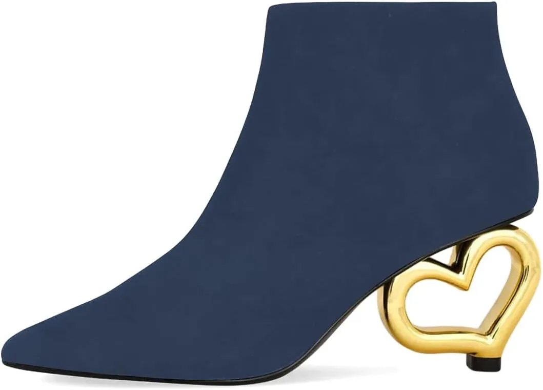 XYD Women Ankle Boots Cute Heart Heel Closed Pointed Toe Side Zipper Fashion Short Booties Event Party Casual Shoes