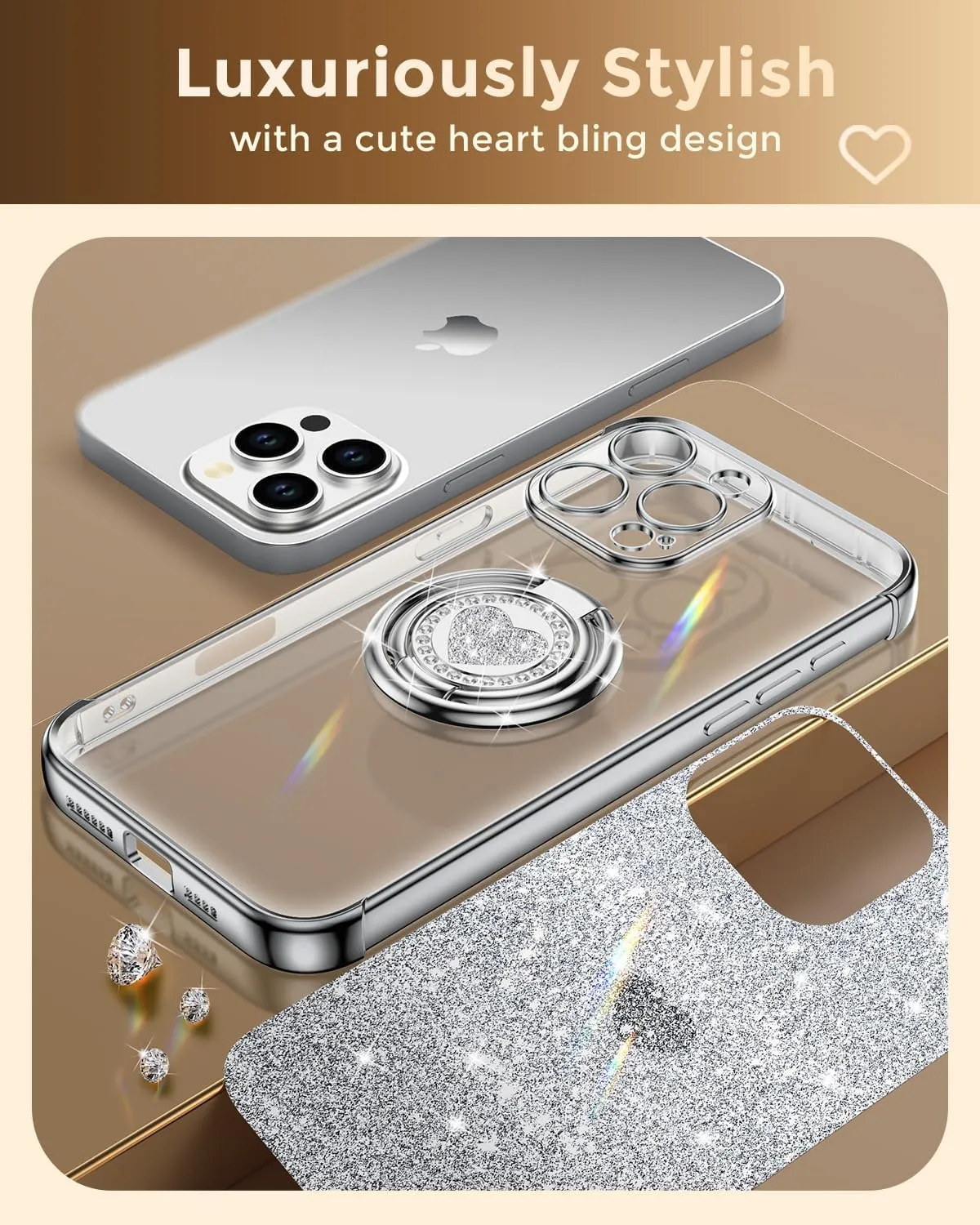 XYZ for iPhone 16 Pro Case with Stand, Phone Case with Double Ring Kickstand, Women Girls Cute Love-Heart Luxury Bling Protective Case Heart for iPhone 16 Pro 6.3 inch, Silver
