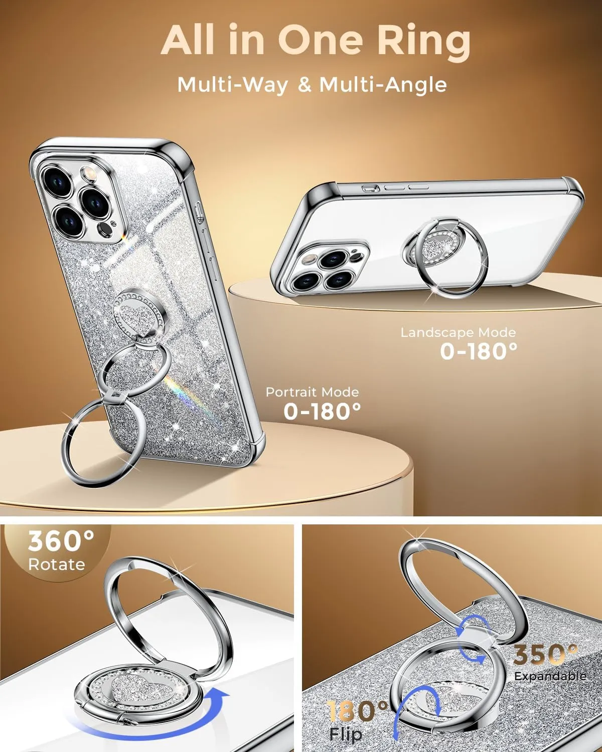 XYZ for iPhone 16 Pro Case with Stand, Phone Case with Double Ring Kickstand, Women Girls Cute Love-Heart Luxury Bling Protective Case Heart for iPhone 16 Pro 6.3 inch, Silver