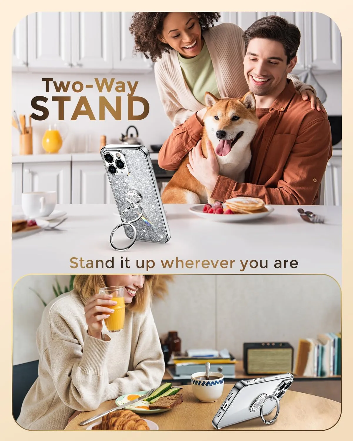 XYZ for iPhone 16 Pro Case with Stand, Phone Case with Double Ring Kickstand, Women Girls Cute Love-Heart Luxury Bling Protective Case Heart for iPhone 16 Pro 6.3 inch, Silver