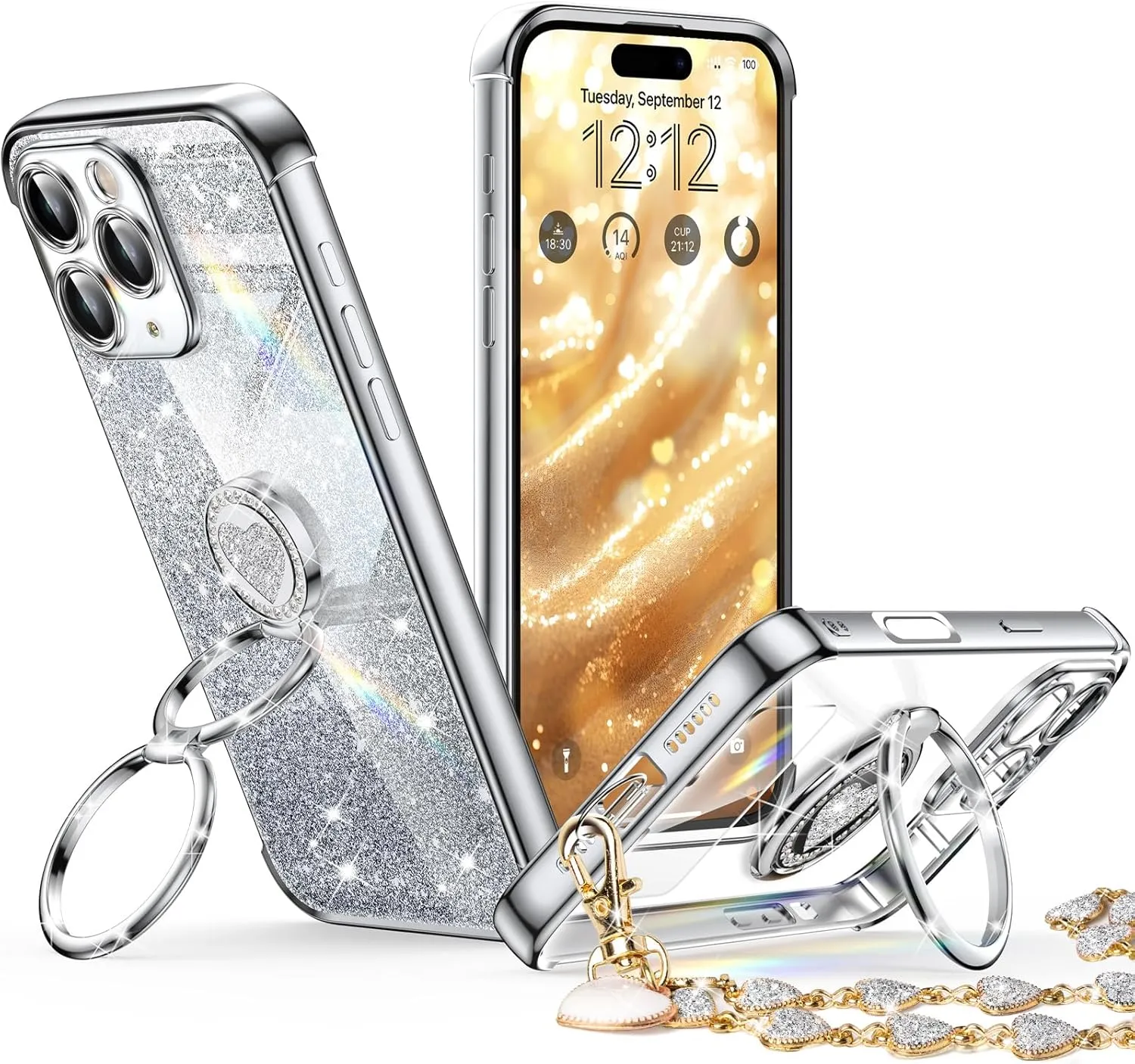 XYZ for iPhone 16 Pro Case with Stand, Phone Case with Double Ring Kickstand, Women Girls Cute Love-Heart Luxury Bling Protective Case Heart for iPhone 16 Pro 6.3 inch, Silver
