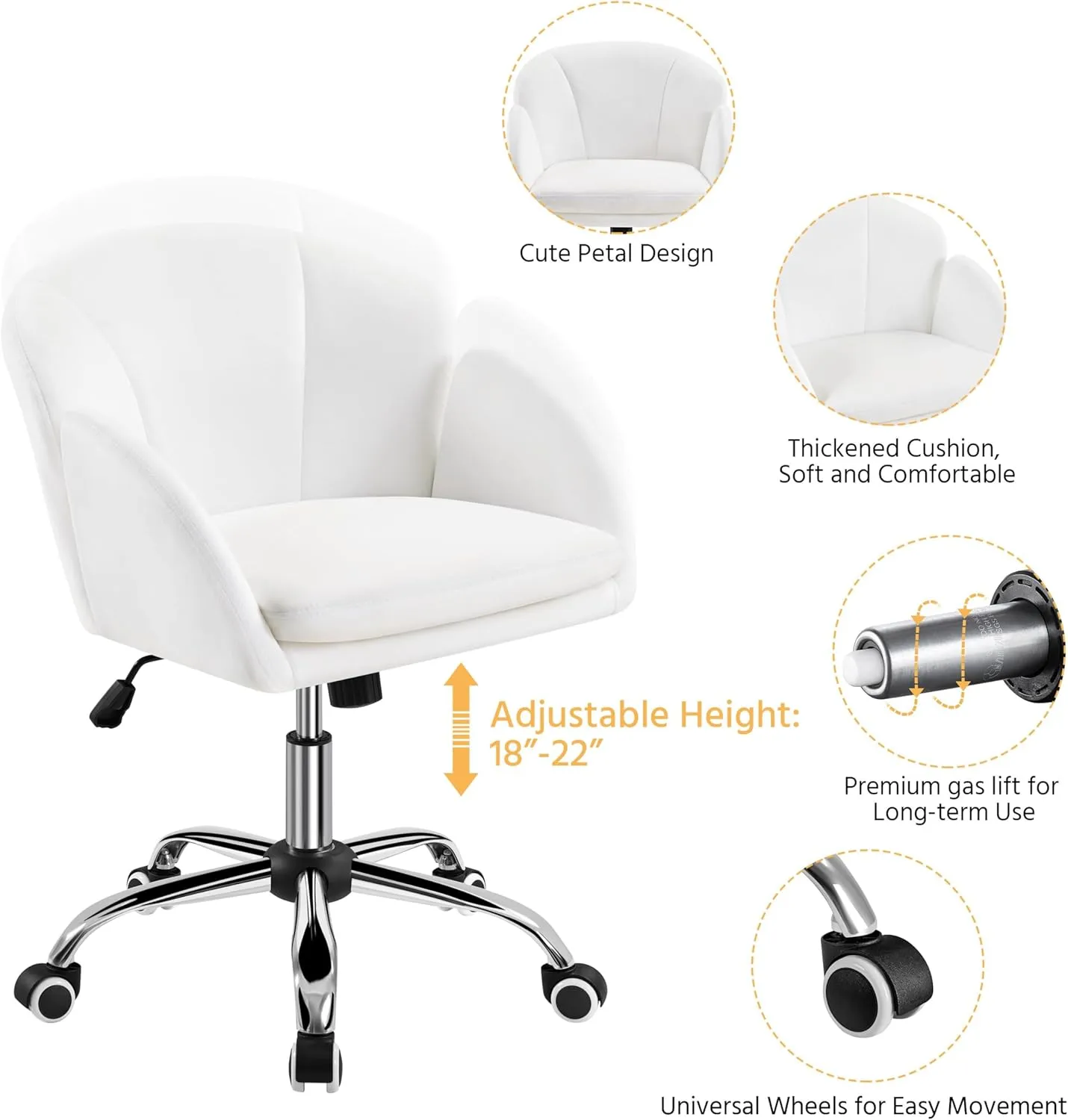 Yaheetech Cute Desk Chair for Home Office, Adjustable Vanity Chair Modern Upholstered Chair Swivel Rolling Task Chair with Armrests for Work, Study, Living Room, Bedroom, Snowy