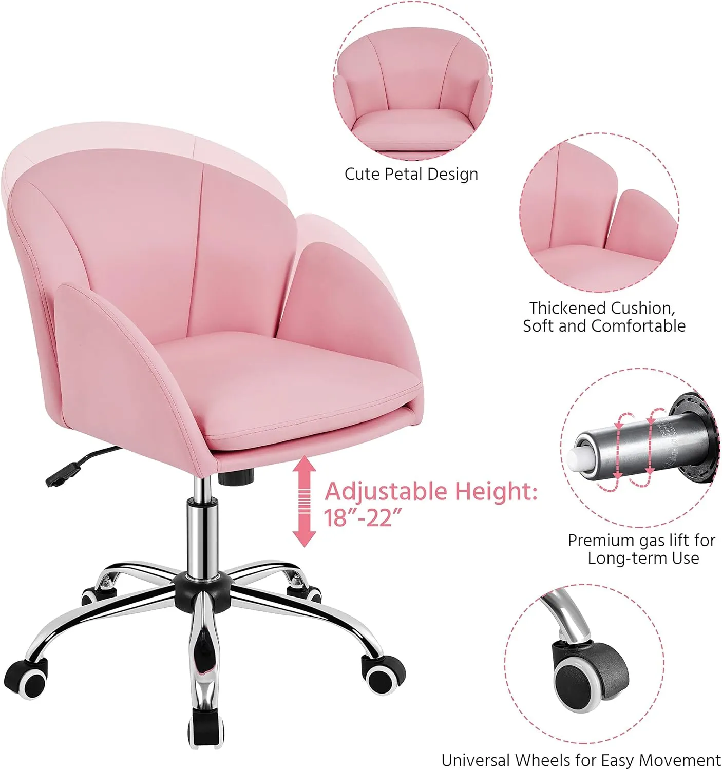 Yaheetech Cute Petal Desk Chair Home Office Chair Swivel Upholstered Leather Desk Chair Makeup Vanity Chair with Armrests for Bedroom Modern Computer Rolling Chair for Women Simple Pink