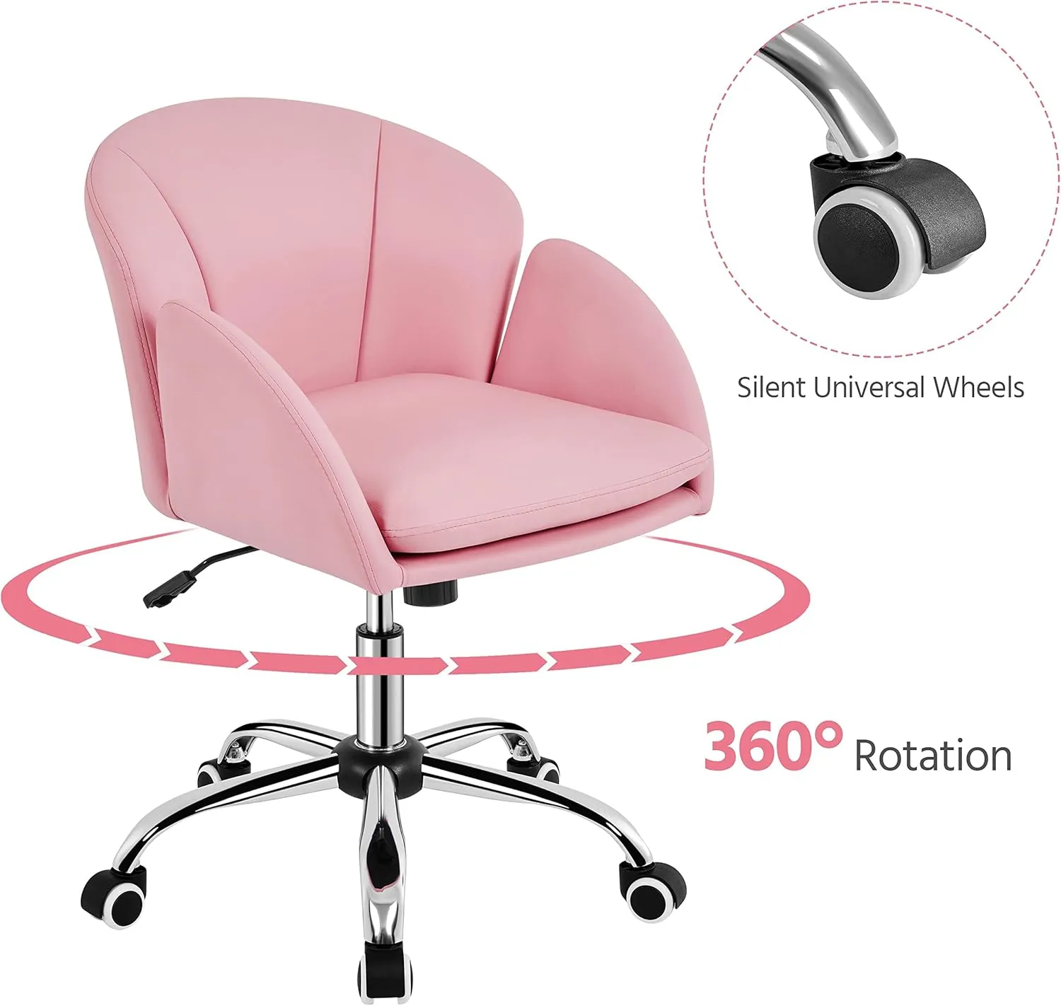 Yaheetech Cute Petal Desk Chair Home Office Chair Swivel Upholstered Leather Desk Chair Makeup Vanity Chair with Armrests for Bedroom Modern Computer Rolling Chair for Women Simple Pink