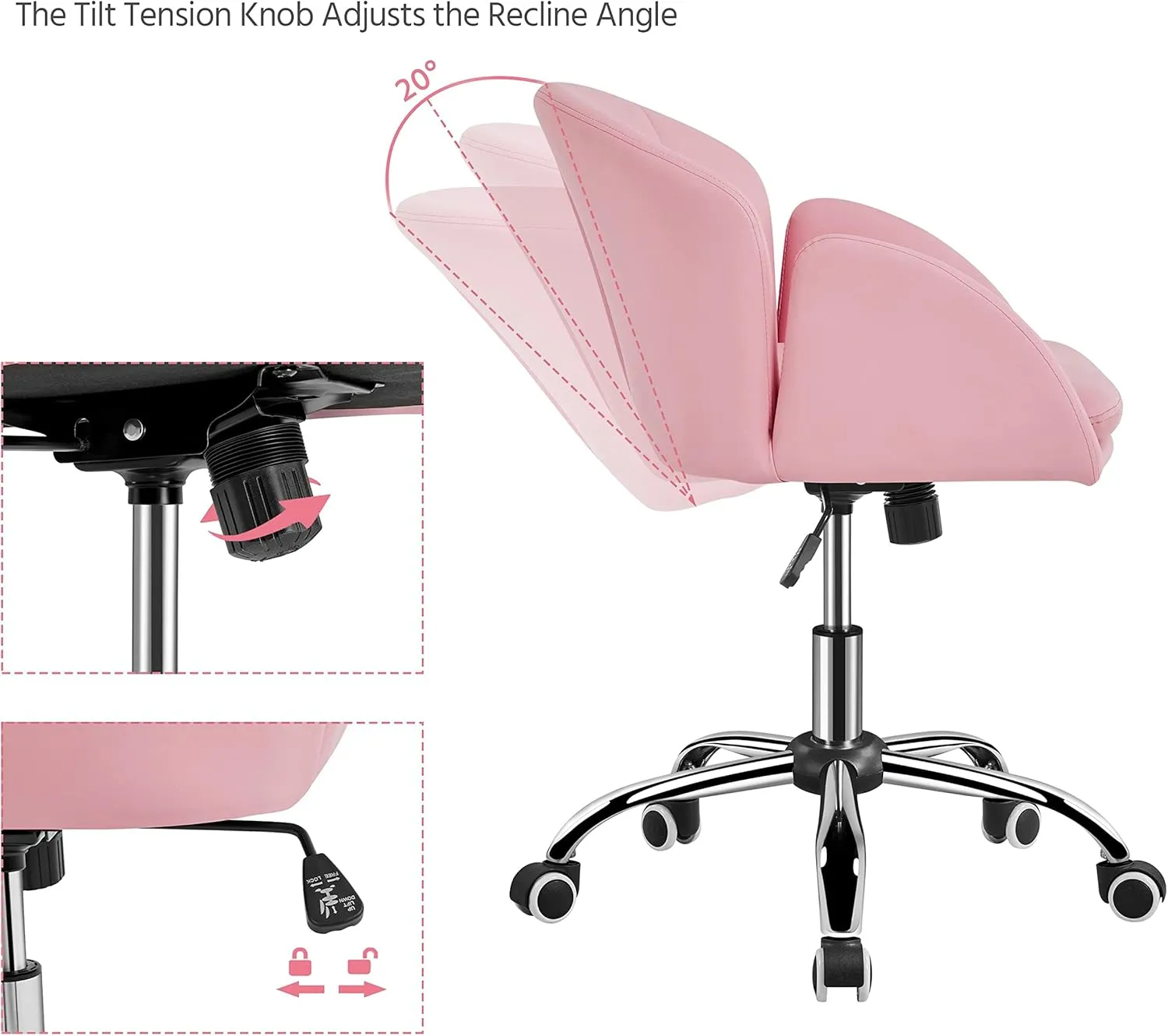 Yaheetech Cute Petal Desk Chair Home Office Chair Swivel Upholstered Leather Desk Chair Makeup Vanity Chair with Armrests for Bedroom Modern Computer Rolling Chair for Women Simple Pink