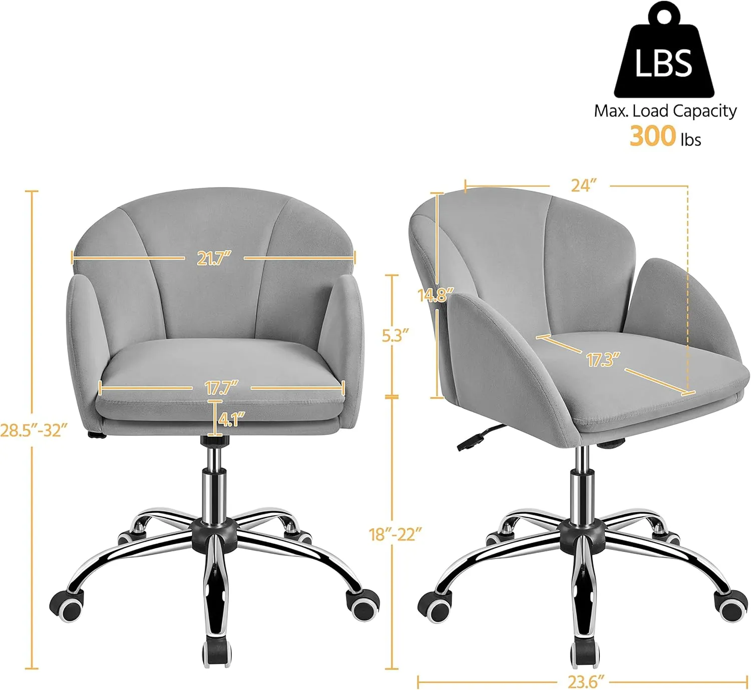 Yaheetech Cute Velvet Desk Chair for Home Office, Makeup Vanity Chair with Armrests for Bedroom Modern Swivel Rolling Chair for Women Light Gray