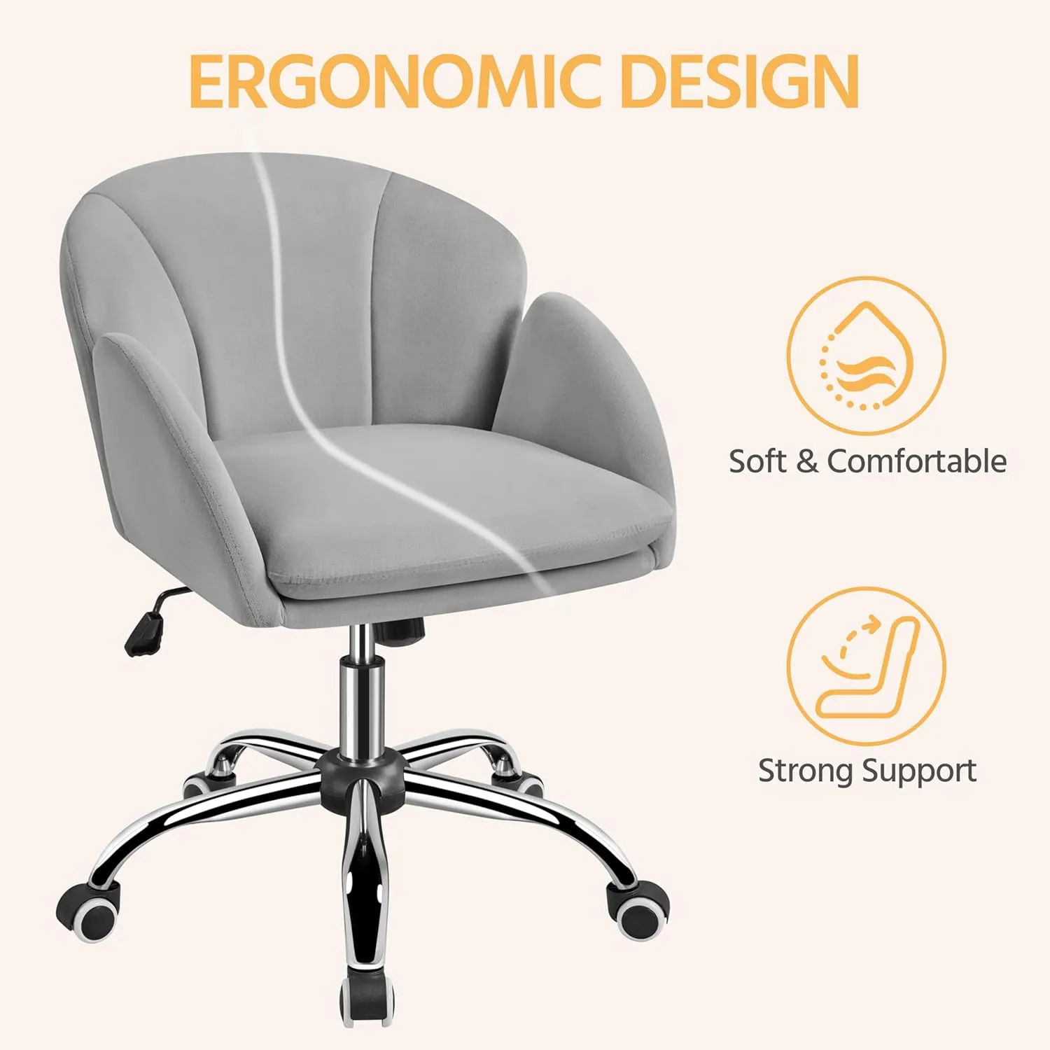 Yaheetech Cute Velvet Desk Chair for Home Office, Makeup Vanity Chair with Armrests for Bedroom Modern Swivel Rolling Chair for Women Light Gray