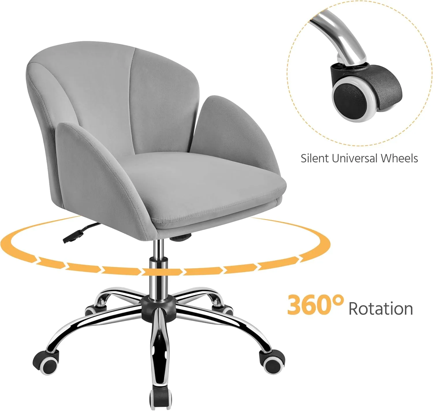Yaheetech Cute Velvet Desk Chair for Home Office, Makeup Vanity Chair with Armrests for Bedroom Modern Swivel Rolling Chair for Women Light Gray