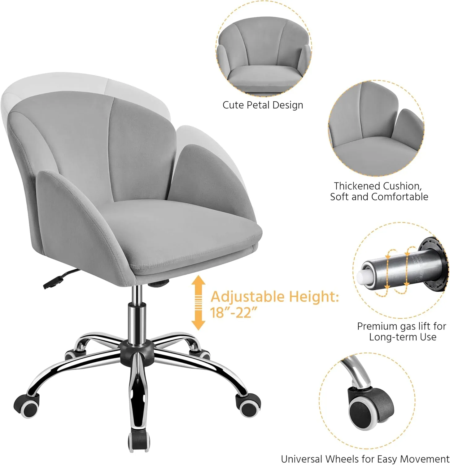 Yaheetech Cute Velvet Desk Chair for Home Office, Makeup Vanity Chair with Armrests for Bedroom Modern Swivel Rolling Chair for Women Light Gray