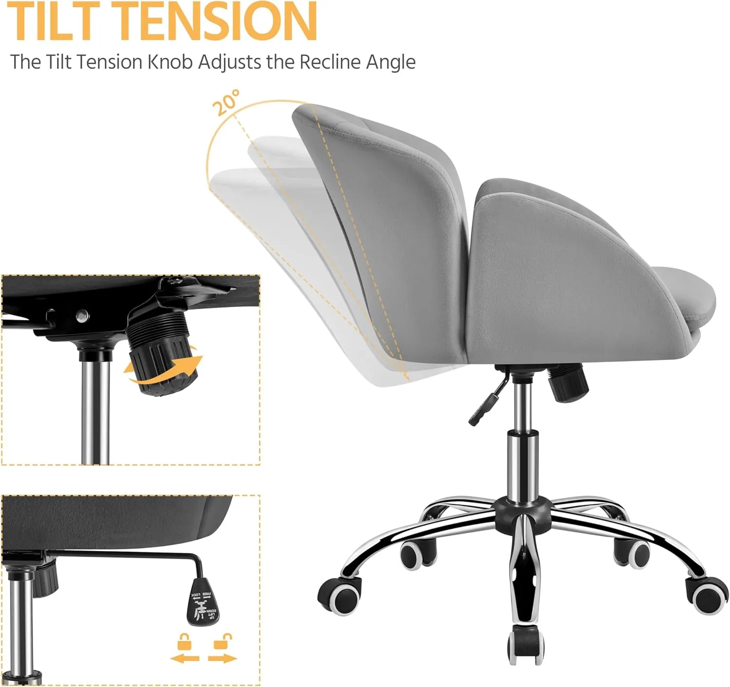 Yaheetech Cute Velvet Desk Chair for Home Office, Makeup Vanity Chair with Armrests for Bedroom Modern Swivel Rolling Chair for Women Light Gray