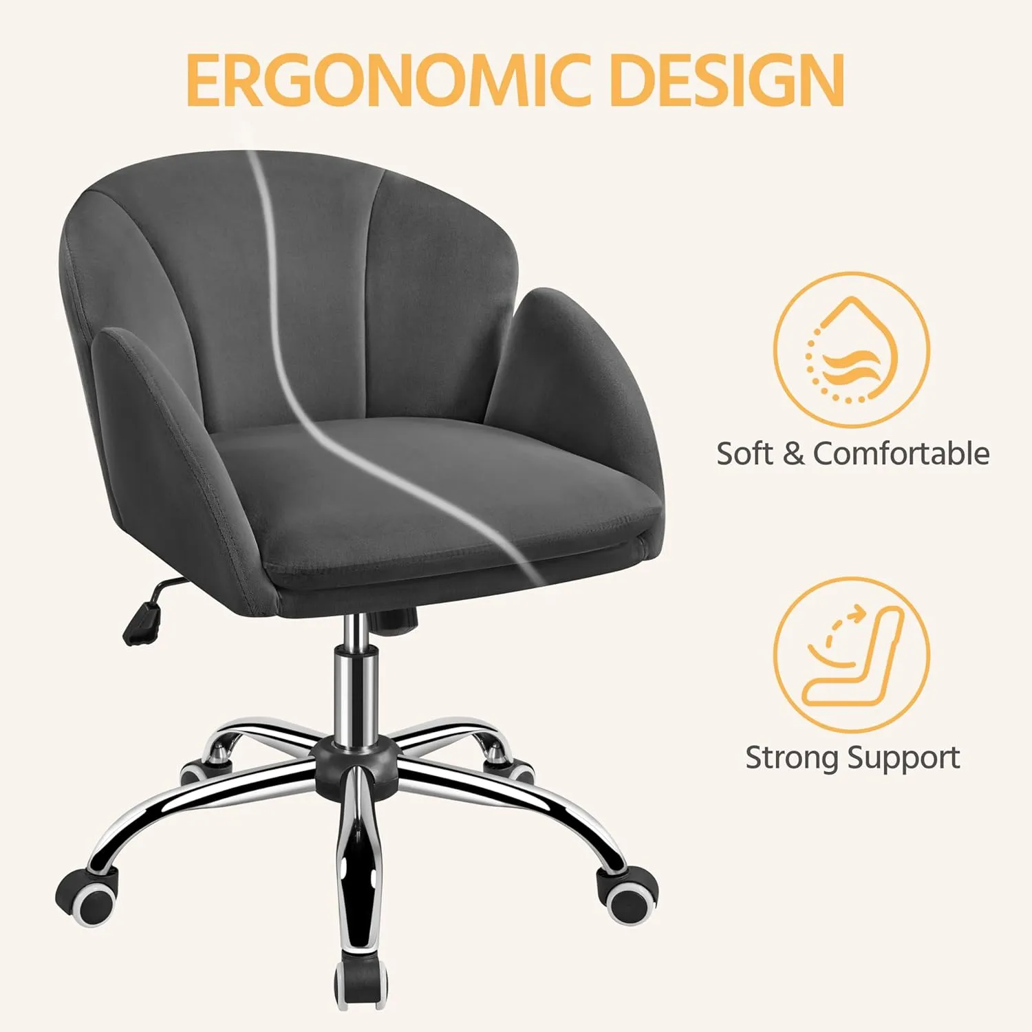 Yaheetech Cute Velvet Desk Chair Makeup Vanity Chair with Wheels for Bedroom Modern Swivel Rolling Chair for Home Office Dark Gray