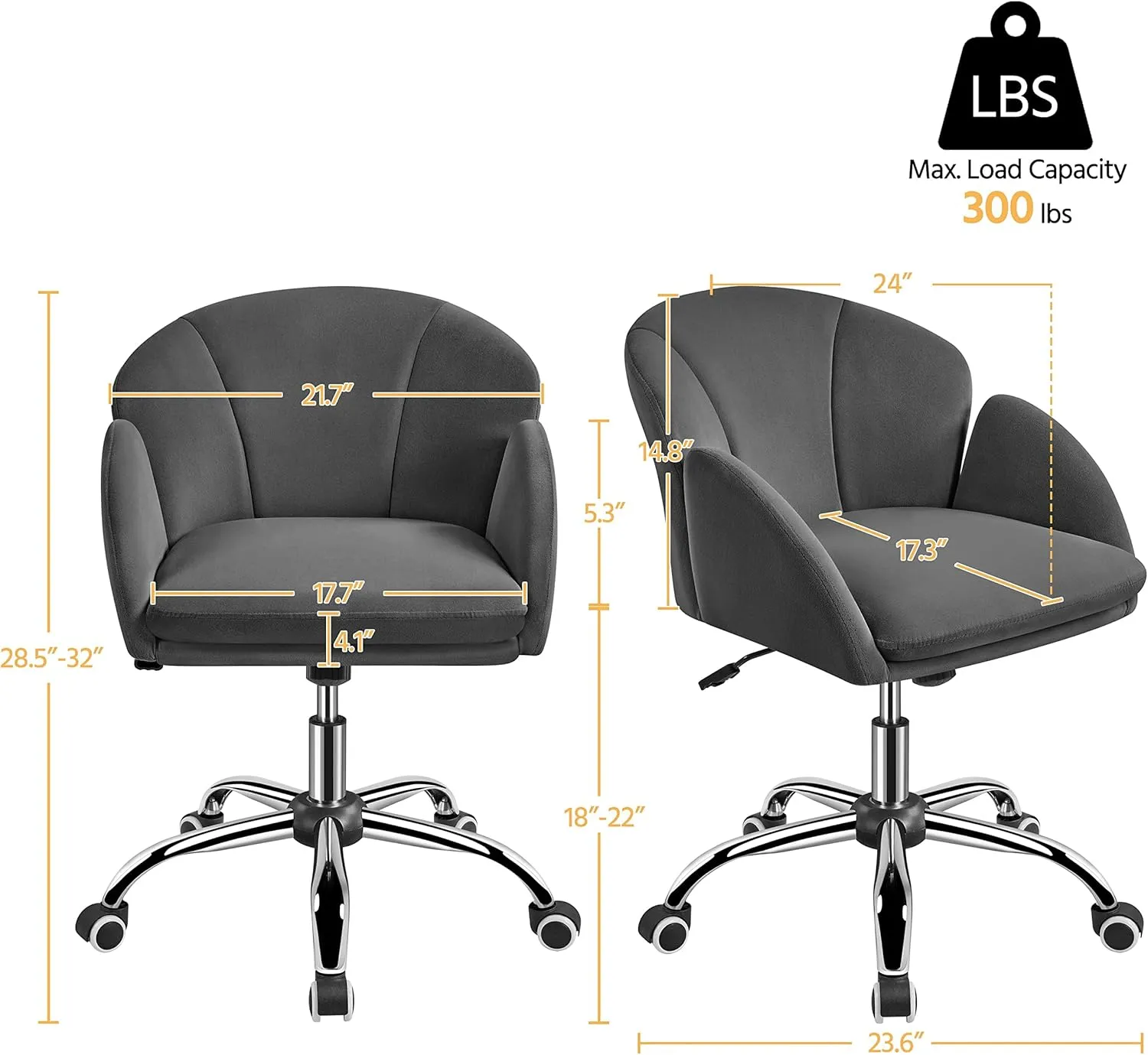 Yaheetech Cute Velvet Desk Chair Makeup Vanity Chair with Wheels for Bedroom Modern Swivel Rolling Chair for Home Office Dark Gray