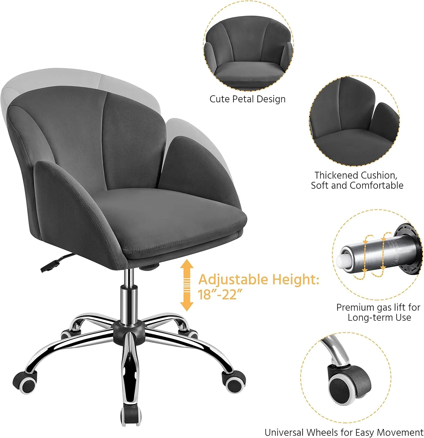 Yaheetech Cute Velvet Desk Chair Makeup Vanity Chair with Wheels for Bedroom Modern Swivel Rolling Chair for Home Office Dark Gray