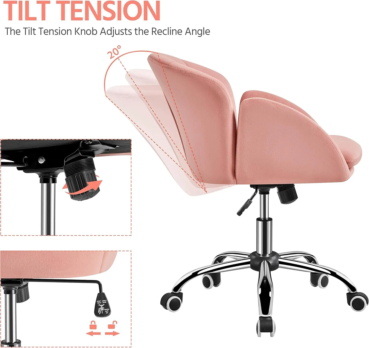 Yaheetech Pink Desk Chair Vanity Chair Comfy Velvet Chair Cute Desk Chair for Home Office Modern Swivel Rolling Chair for Bedroom, Living Room, Makeup Room Women